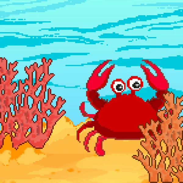 Karang Pixel Dan Kepiting Laut Ilustrasi Vektor Seni Piksel Bit - Stok Vektor