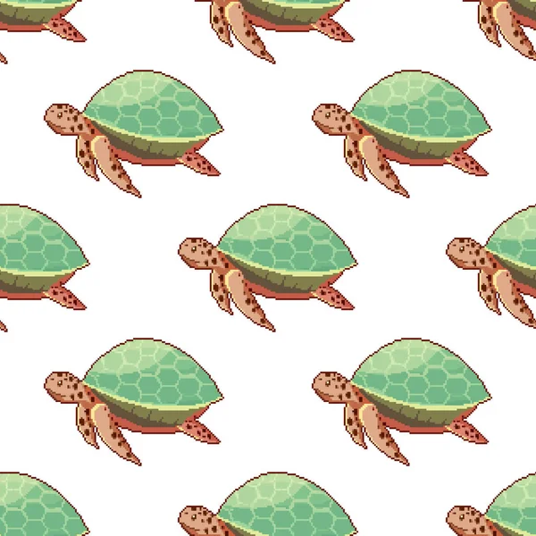Seamless Pattern Sea Pixel Turtles Pixel Art Bit — Stock Vector