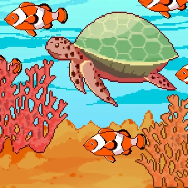 Karang Pixel Dan Makhluk Laut Ikan Dan Kura Kura Ilustrasi - Stok Vektor