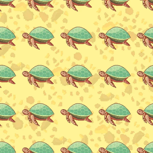 Seamless Pattern Sea Pixel Turtles Pixel Art Bit — Stock Vector