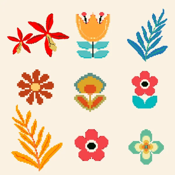 Set Ixel Plant Flower Leaves Pixel Art Bit Game — Stock Vector