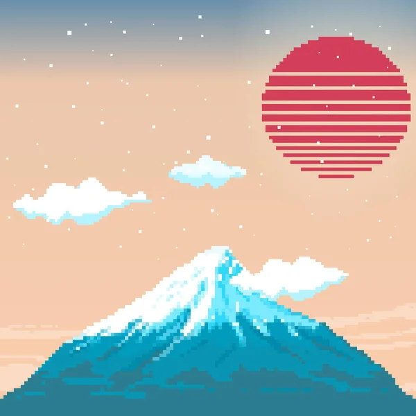 Gün batımında Fuji Dağı ve kırmızı güneş. Japonya. Piksel resim 8 bit.