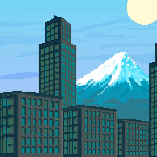 Dağ ve gün batımlı pikseller. Oyun için piksel sanatı 8 bit