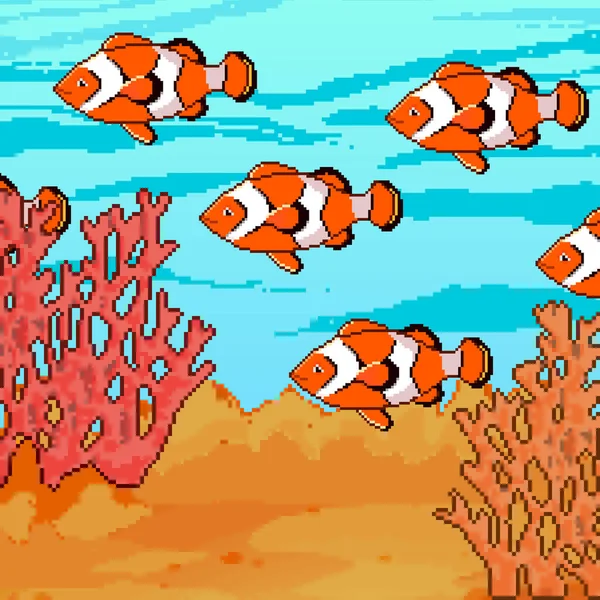 Pixel Coral Reef Sea Creatures Fish Pixel Art Vector Illustration Stock Illustration