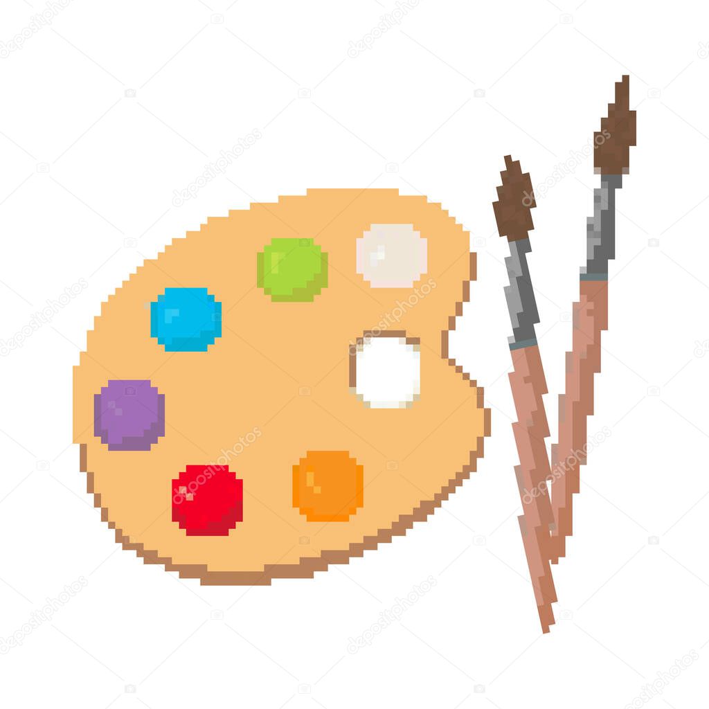 Pixel palette icon with brushes, art icon, vector illustration. Pixel art 8 bit.