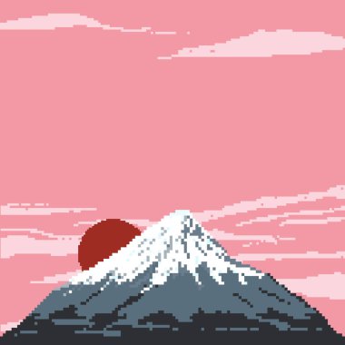 Gün batımında Fuji Dağı pikseli ve kırmızı güneş, vinç ve Japonya tapınağı, ev. Japonya. Piksel resim 8 bit.
