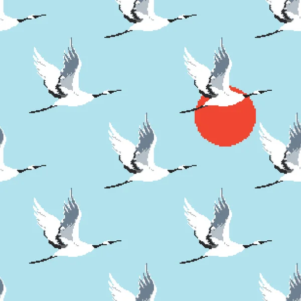 Patrón Sin Costura Pixel Pájaro Grúa Pájaro Japonés Pixel Arte — Vector de stock