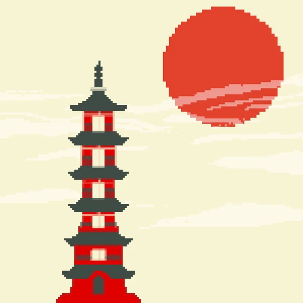 Pixel Art Japón Pagoda Casa Atardecer Sol Rojo Japón Pixel — Archivo Imágenes Vectoriales