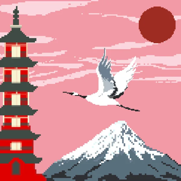 Pixel Fuji Hegy Naplementekor Vörös Nap Daru Japán Pagoda Ház — Stock Vector