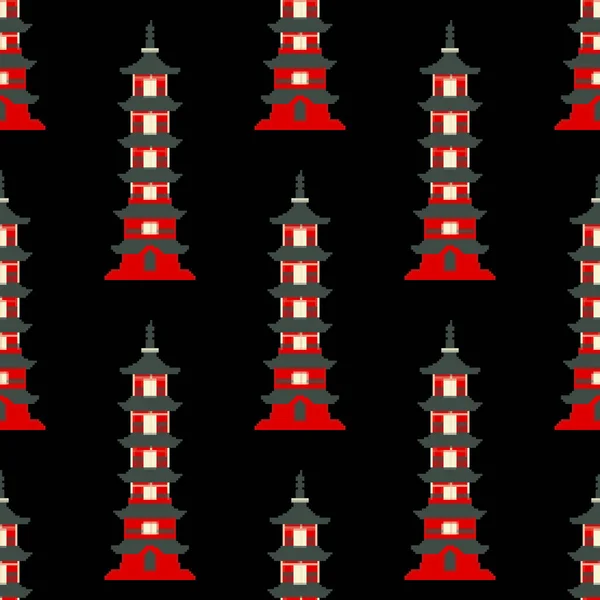 Pixel Zökkenőmentes Minta Japán Pagoda Pixel Art Bites Vektor — Stock Vector