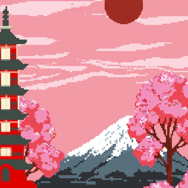 日没のピクセル富士山と赤い太陽 クレーンや日本の塔 ピクセルアート8ビット — ストックベクタ