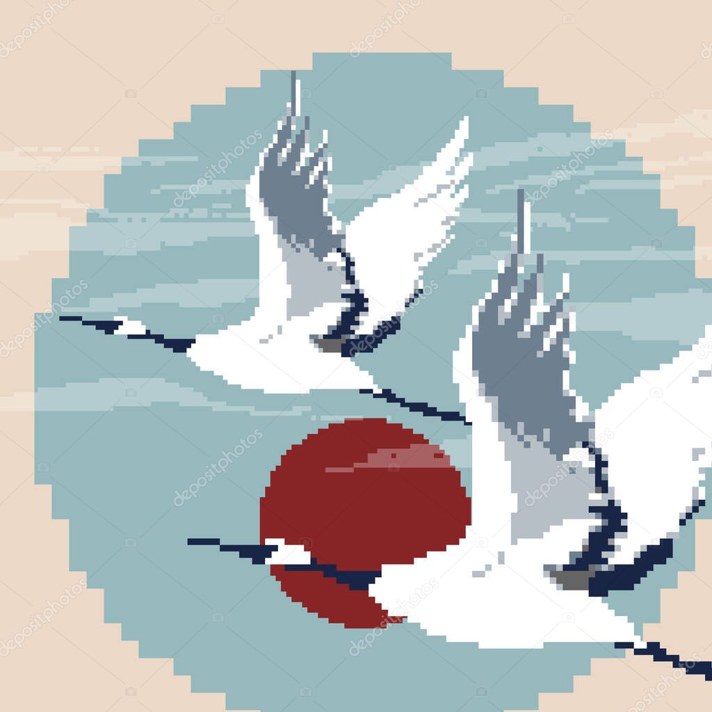 Pixel cranes bird. Japanese bird. Pixel art 8 bit vector