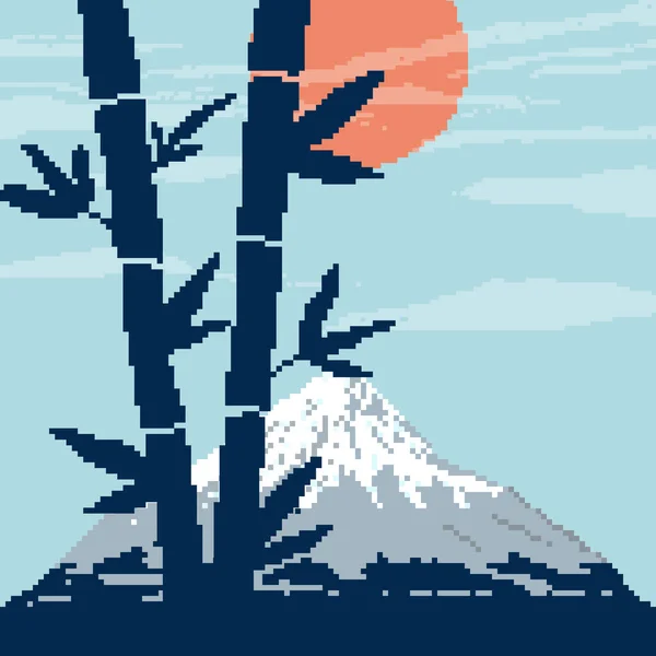 Piksel arkaplan. Bambulu kart, Fuji dağı ve kırmızı güneş. Piksel bambu. Piksel sanat 8 bit vektörü