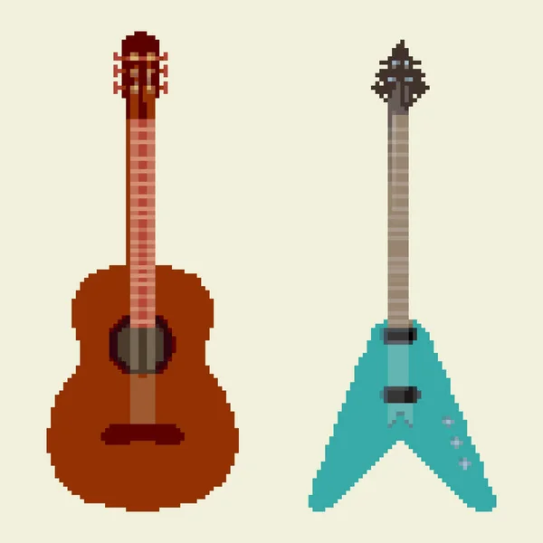Set Pixel Retro Gitarre Pixelart Bit Vektor — Stockvektor