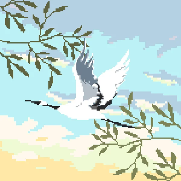 Pixel Bakgrund För Spel Pixelmoln Träd Tranfågel Pixelkonst Bitars Vektor — Stock vektor