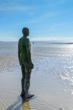 Liverpool, İngiltere - 03 Nisan 2015 - başka bir yerde heykel Antony Gormley Crosby Beach