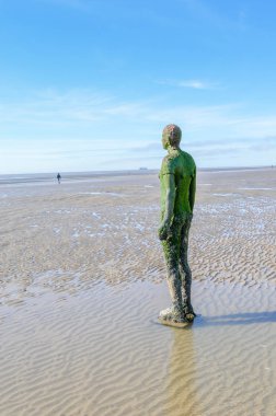 Liverpool, İngiltere - 03 Nisan 2015 - başka bir yerde heykel Antony Gormley Crosby Beach