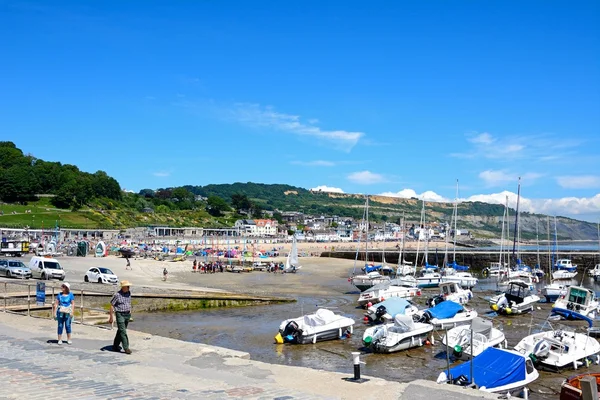 Båtar förtöjda i hamnen med stranden och staden i baksidan, Lyme Regis. — Stockfoto