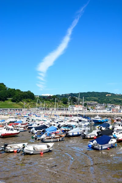 Boten en jachten aangemeerd in de haven met uitzicht op het strand en het stadscentrum, Lyme Regis. — Stockfoto