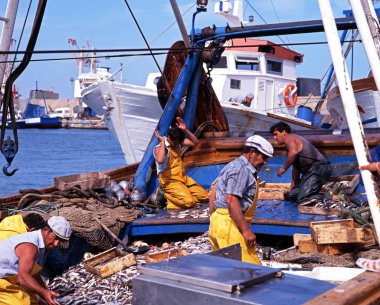 Balıkçılar gün sıralama geleneksel İspanyol balıkçı teknesi, Garrucha yakalamak.