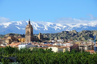 Arka, Guadix, İspanya Sierra Nevada karla kaplı dağlar ile şehir ve Katedral görünümü.