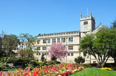 Castle Gate Library with Spring flowers in the foreground, Shrewsbury.