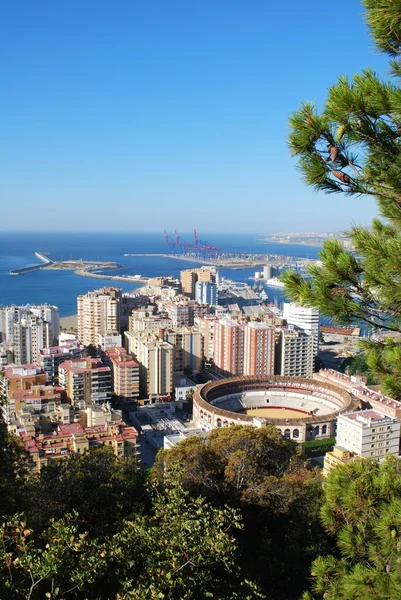 Elevated view of the bullring and port area, Malaga, Spain. — Stock Photo, Image