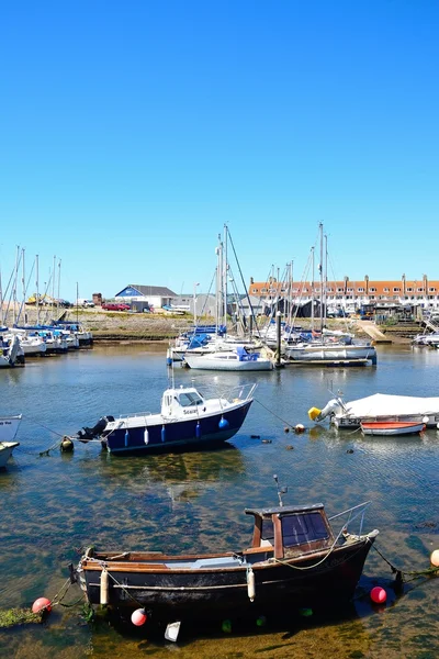 Barcos pesqueros y yates amarrados en el puerto, Axmouth . — Foto de Stock