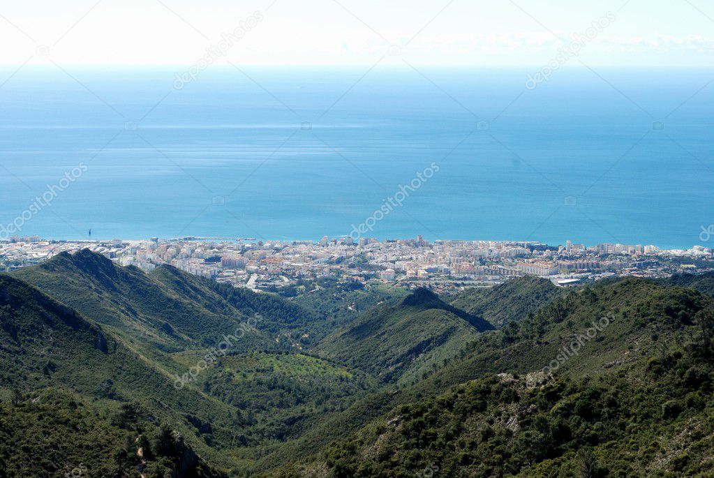 Elevated view of Marbella town and sea, Marbella, Spain.