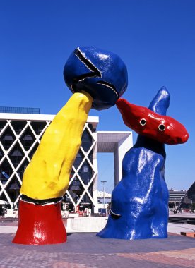 Miro sculptures near the Grand Arch at La Defense, Paris, France.