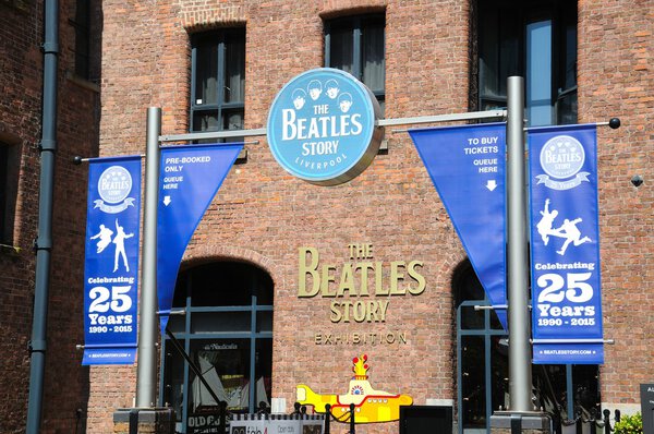 Entrance to The Beatles Story building at Albert Dock, Liverpool, UK.