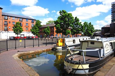 Narrowboats moored in the canal basin, Coventry, UK. clipart
