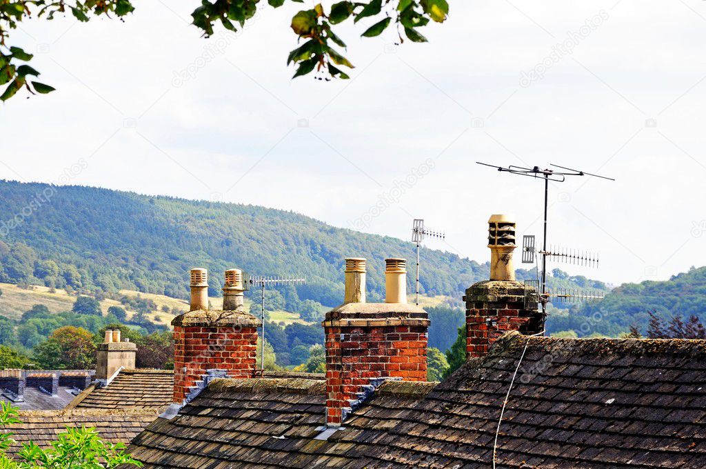 Cottage rooftops with chimney pots, Bakewell, UK.