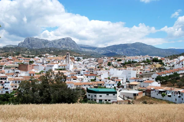 Vista sobre os telhados da cidade em direção às montanhas, Rio Gordo, Espanha . — Fotografia de Stock