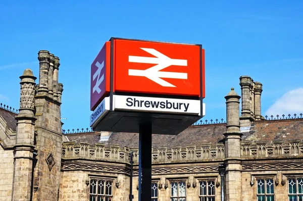 View of the Railway Station with the Station sign in the foreground, Shrewsbury, UK.
