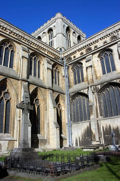 West face and corner tower of Peterborough Cathedral, Peterborough, UK. — Stock Photo, Image