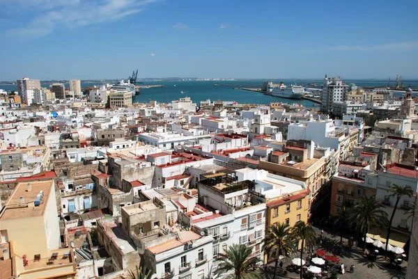 Vista elevada de la plaza de la Catedral y de los tejados de la ciudad vista desde el campanario de la Catedral, Cádiz, España . — Foto de Stock