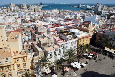 Katedral Meydanı ve şehir rooftops katedral çan kulesi, Cadiz, İspanya görülen yükseltilmiş görünümünü.