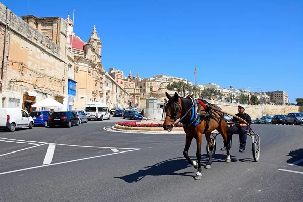 Ember lovaglás egy ló és trap múlt egy közlekedési szigeten Victoria kapu, a Ta-Liesse templom és a város épületek a hátsó, Valletta, Málta. — Stock Fotó
