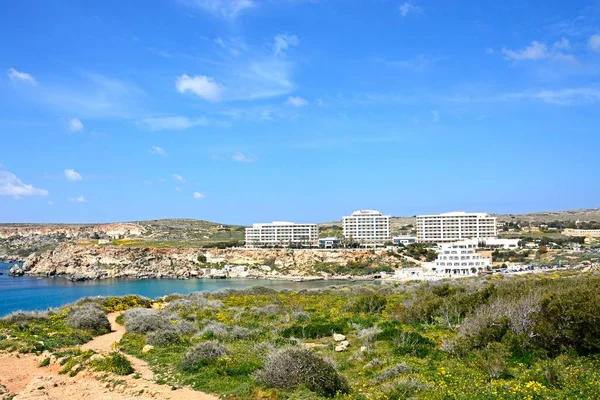 Bonitas flores silvestres de primavera con vistas al mar Mediterráneo y hoteles, Golden Bay, Malta . — Foto de Stock