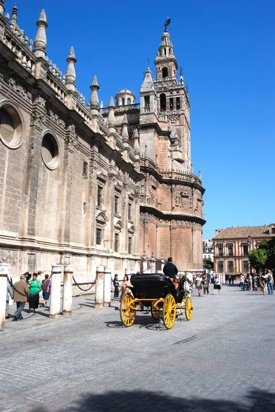 Vista exterior de la Catedral y la Torre Giralda con un carro tirado por caballos en primer plano, Sevilla, España . —  Fotos de Stock