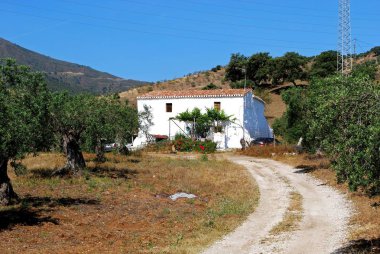 Önünde ağaçlar ve arkasında dağları olan oldukça beyaz boyalı bir Finca, Alora, İspanya.
