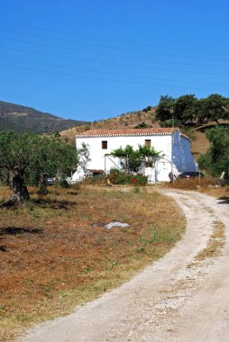 Önünde ağaçlar ve arkasında dağları olan oldukça beyaz boyalı bir Finca, Alora, İspanya.