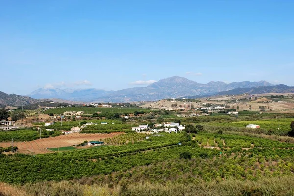 Farmland and houses in the valley with views towards the mountains, Alora, Spain. — Stock Photo, Image