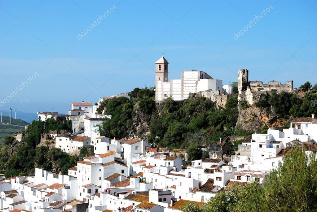 Elevated view of a traditional white village, Casares, Spain.