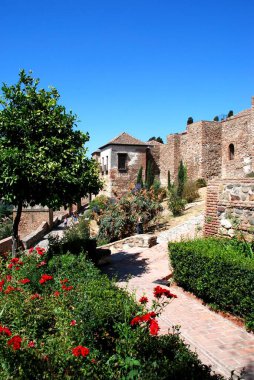 Malaga, İspanya 'daki Malaga şatosunun güneyinden görülen yüksek duvarlı kalesi..