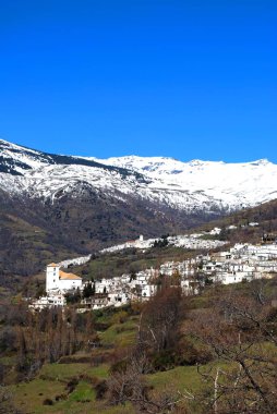 Sierra Nevada, Las Alpujarras, Granada Eyaleti, Endülüs, İspanya ve Avrupa 'nın kar örtülü dağları arkasında Capileira kasabası ile Bubion' un genel manzarası görülüyor..