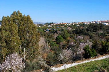 Alhaurin el Grande, Mijas Costa, Malaga Vilayeti, Endülüs, İspanya, Avrupa 'da Alhaurin el Grande yakınlarındaki Alhaurin ağaçlarının bulunduğu şehir ve kırsal alan manzarası.