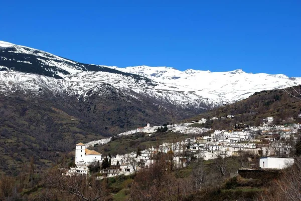Gesamtansicht Der Stadt Mit Capileira Und Schneebedeckten Bergen Hintergrund Las — Stockfoto