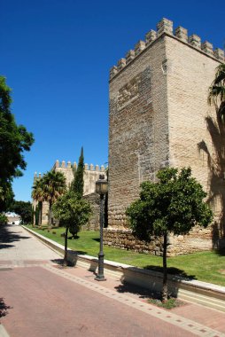 JEREZ DE LA FRONTERA, İspanya - 20 Ağustos 2008 - Kale duvarı ve tareti manzarası, Jerez de la Frontera, İspanya - 20 Ağustos 2008
